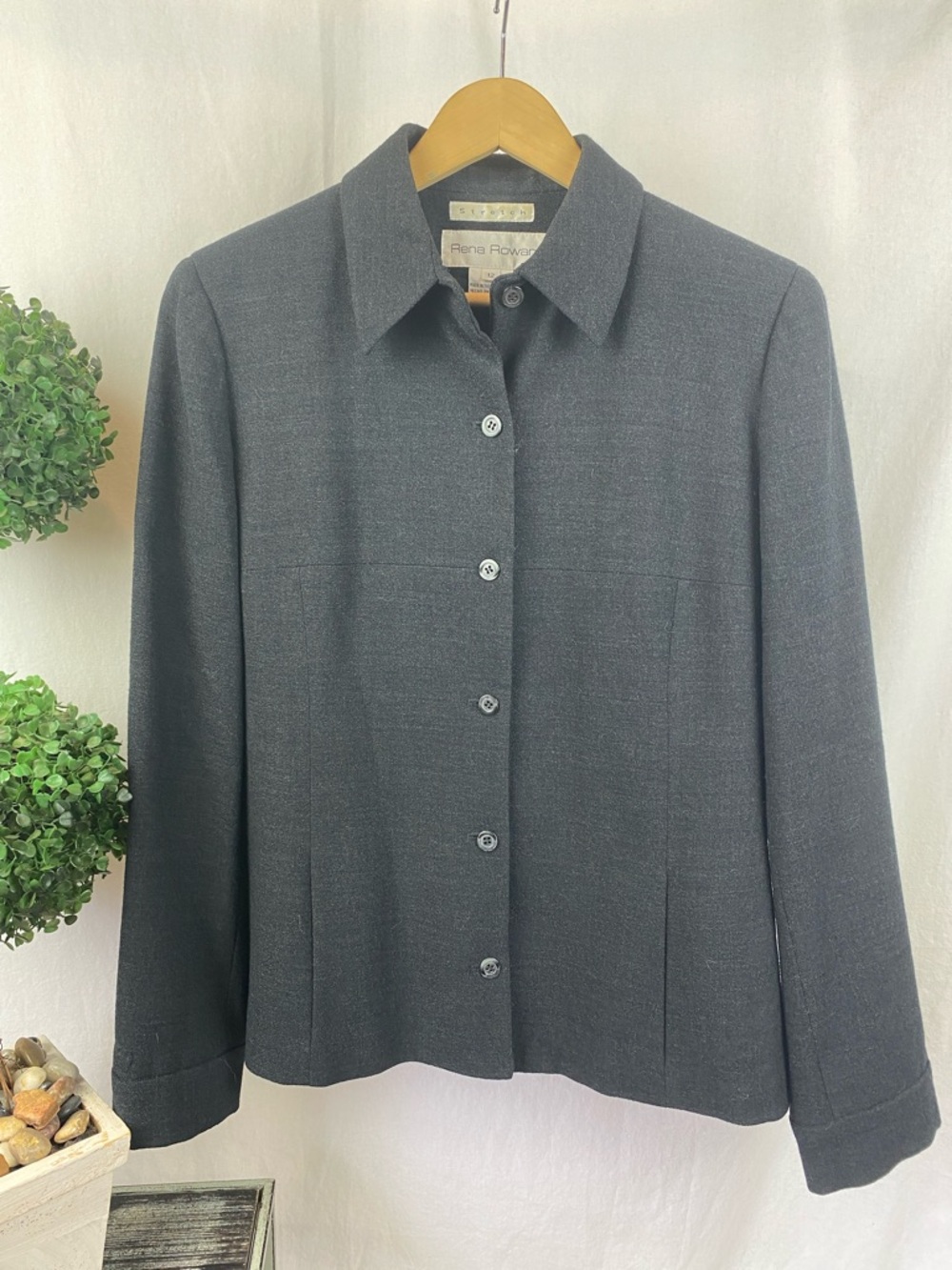 Rena Rowan Wool Dark Charcoal Gray Long Sleeve Blazer Jacket 12 - Picture 2 of 6